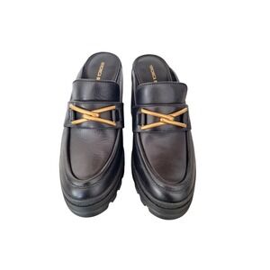 Veronica Beard Black Leather Lug Sole Mule Loafer Gold Hardware 8.5M